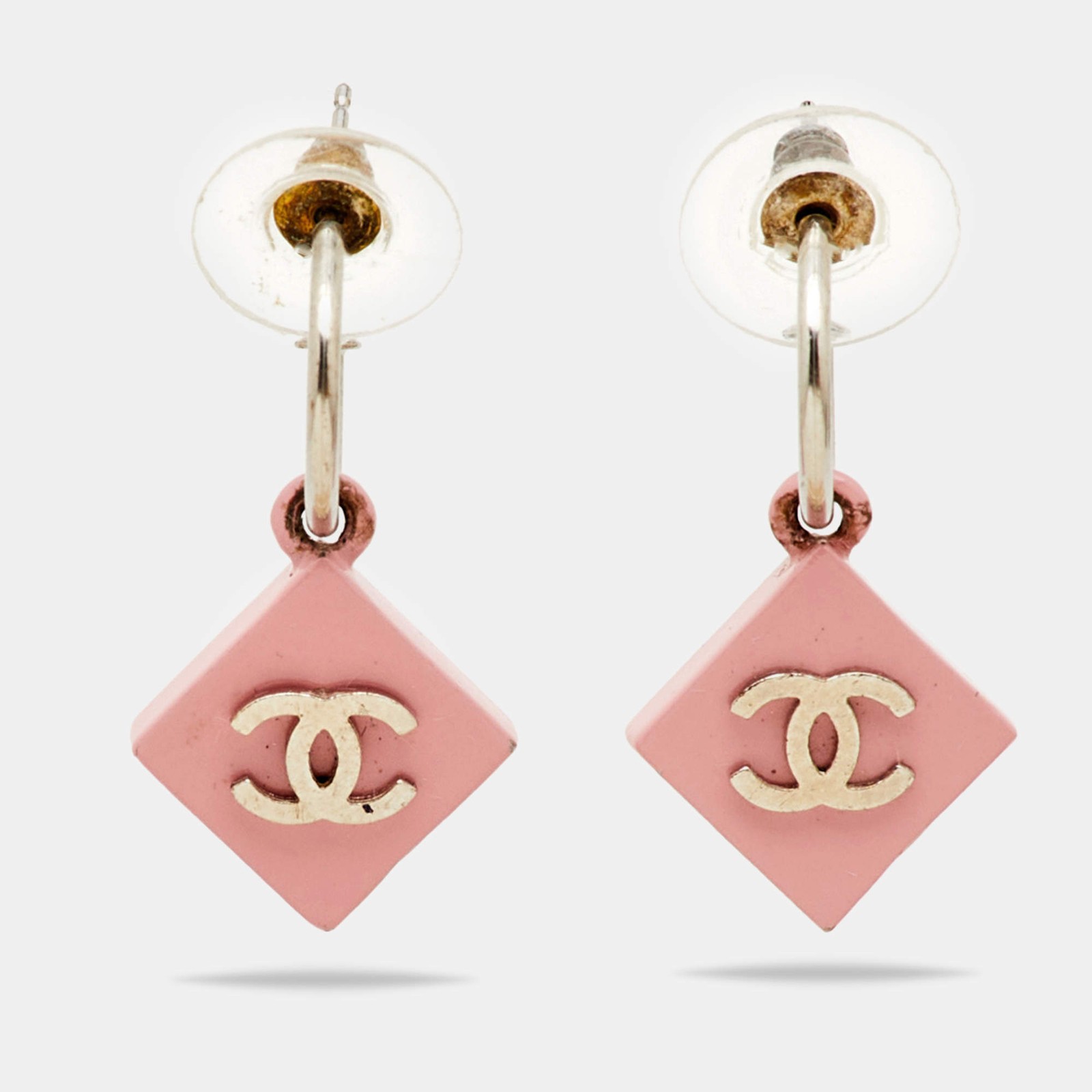 Chanel CC Pink Enamel Silver Tone Earrings