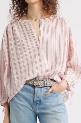 Treasure & Bond Oversized Small  Light Pink Stripe Cotton Button Pullover Blouse