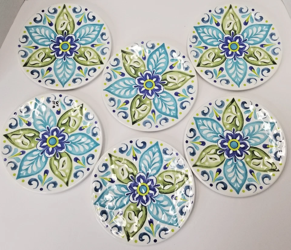 6 Melamine Dessert/Snack Plates 6.75" TarHong & Cynthia Rowley Green Floral Boho - Image 4 of 4