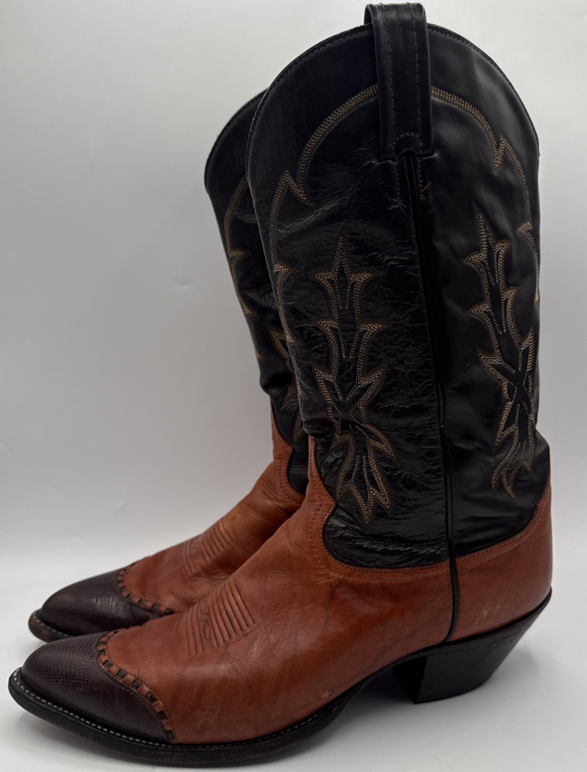 Vintage Men’s Tony Lama Cowboy Boots Two Tone Brown Lizard Wingtip Toe 11.5D USA