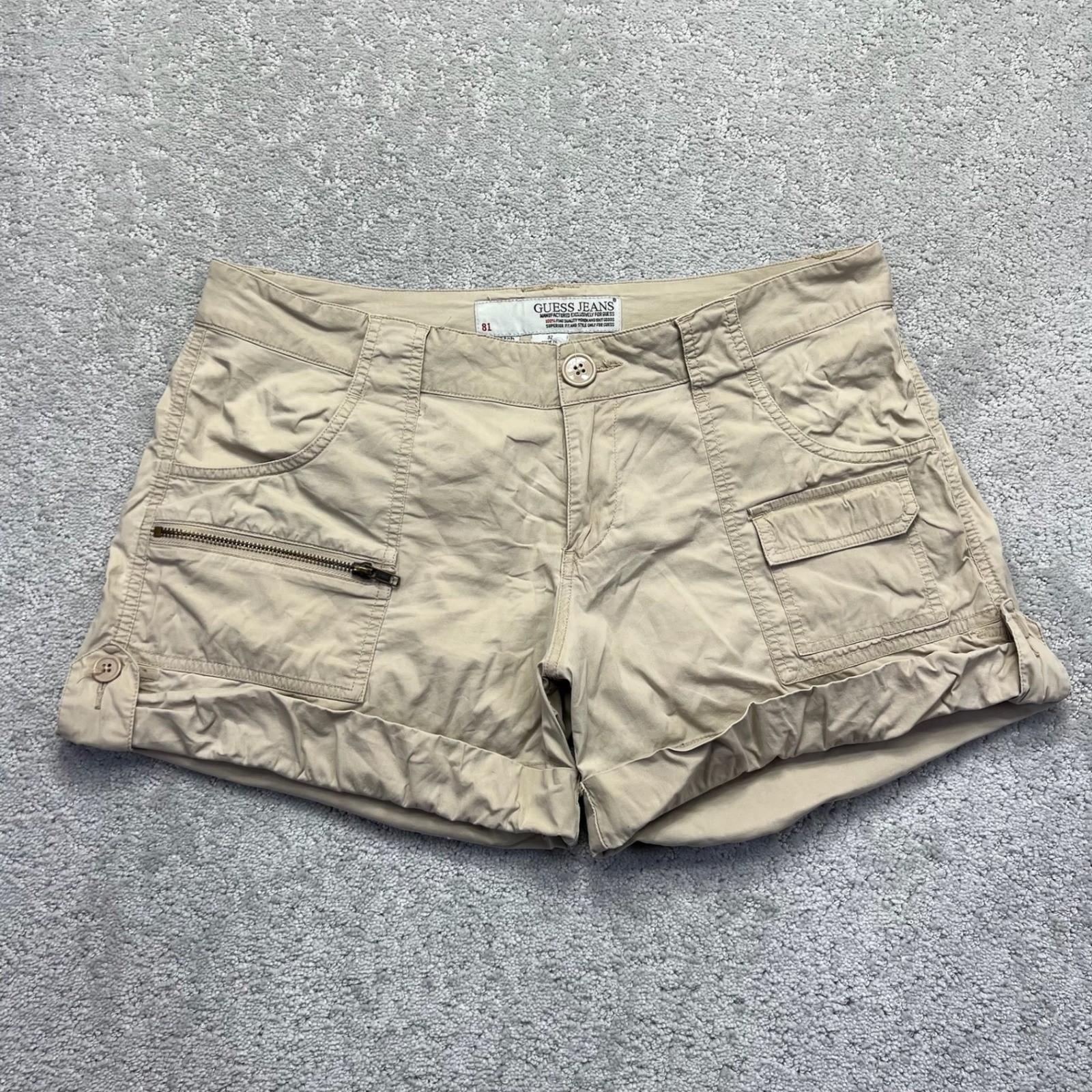 VINTAGE 90s Guess Jeans Cargo Shorts Womens 32 Tan Cotton Stretch Cuffed Y2K