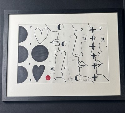 Original signierter abstrakter Marker Stiftzeichnung gerahmtes Kunstwerk