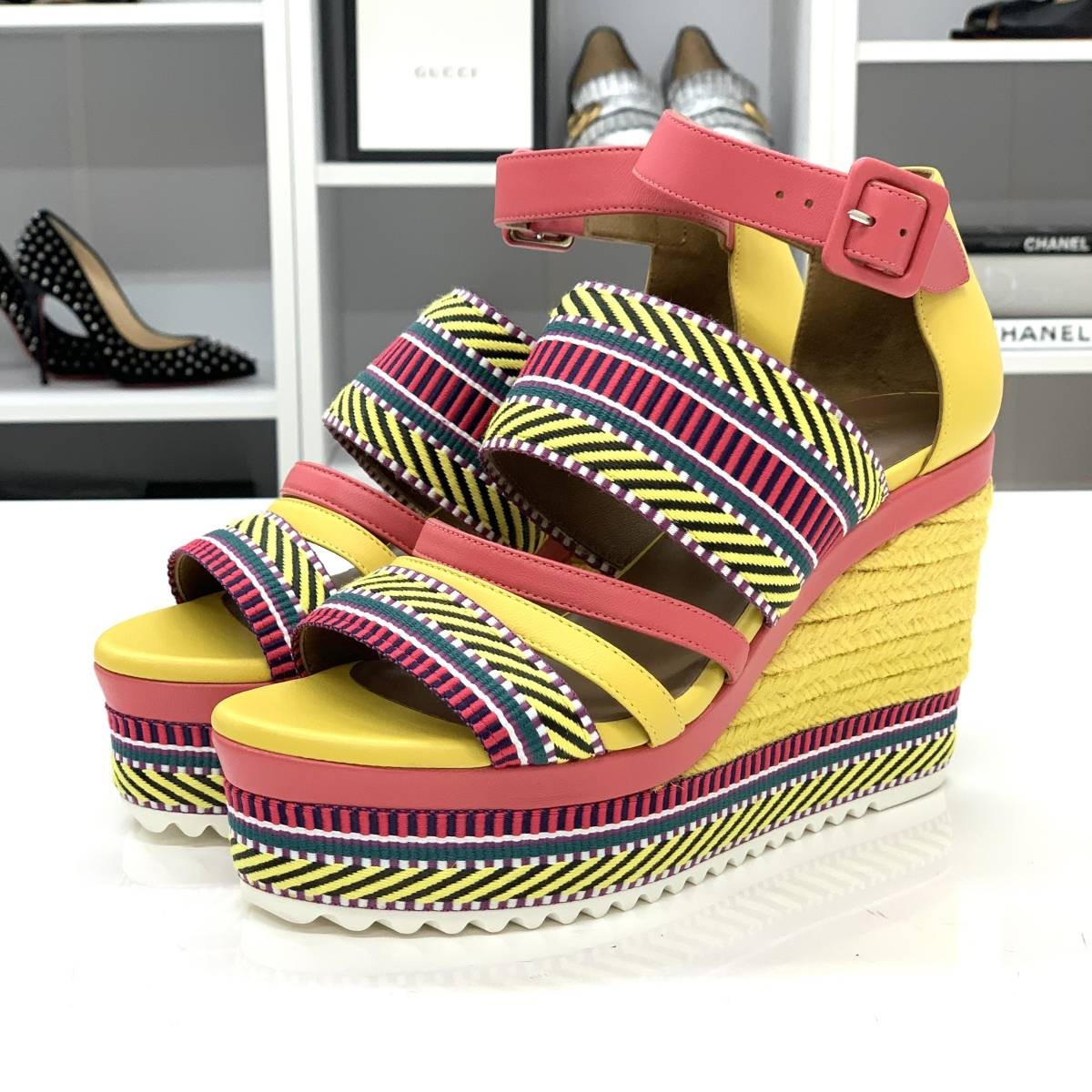 HERMES Leather x Fabric Wedge Sandals Multicolor Size EU 37 Women's thumbnail 12