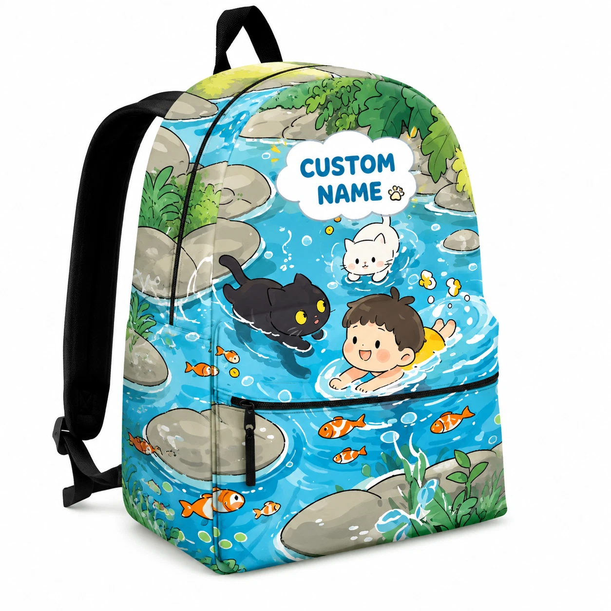 Personalized Kids Backpack Custom Name Cute River Cat School Book Bag