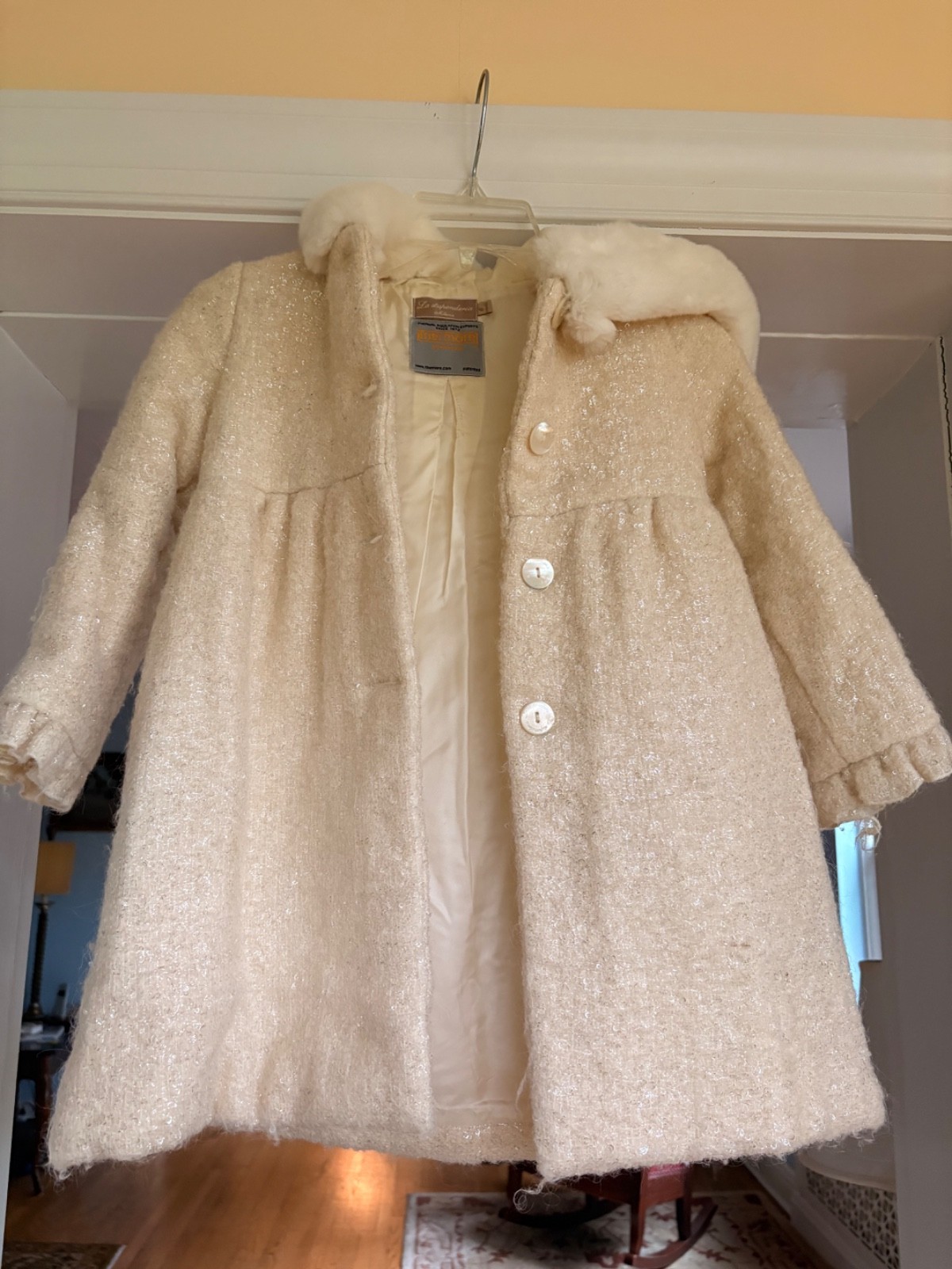 RARE La Stupenderia Ivory Cream White Wool Rabbit Fur Hood Luxury Dress Coat