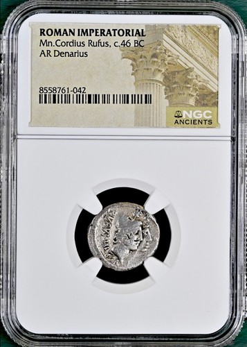 Roman Imperatorial Silver Denarius 46BC NGC Genuine Coin M C Rufus Jugate Heads