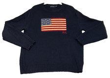 Polo Ralph Lauren Iconic American Flag Sweater USA Knit Crewneck Navy Blue MED