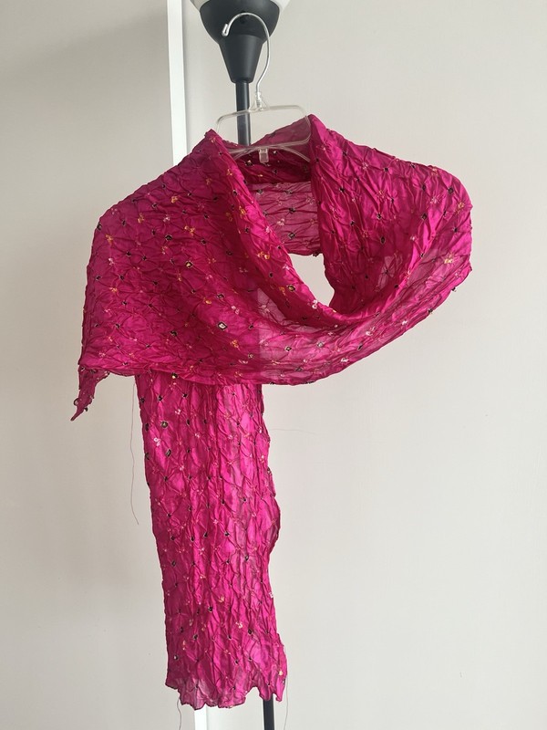 New Silk Crinkled Bandhani Tie-Dye  Magenta Hot Pink Stole Scarf 🧣100% Silk 70"