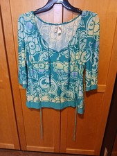 Ambrielle Women’s Blouse L Teal Floral Stretch 3/4 Flare Sleeve Tie Waist Top