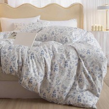 Floral Duvet Cover Set King Size, Blue and White Flower Leaf Print Pattern Bed