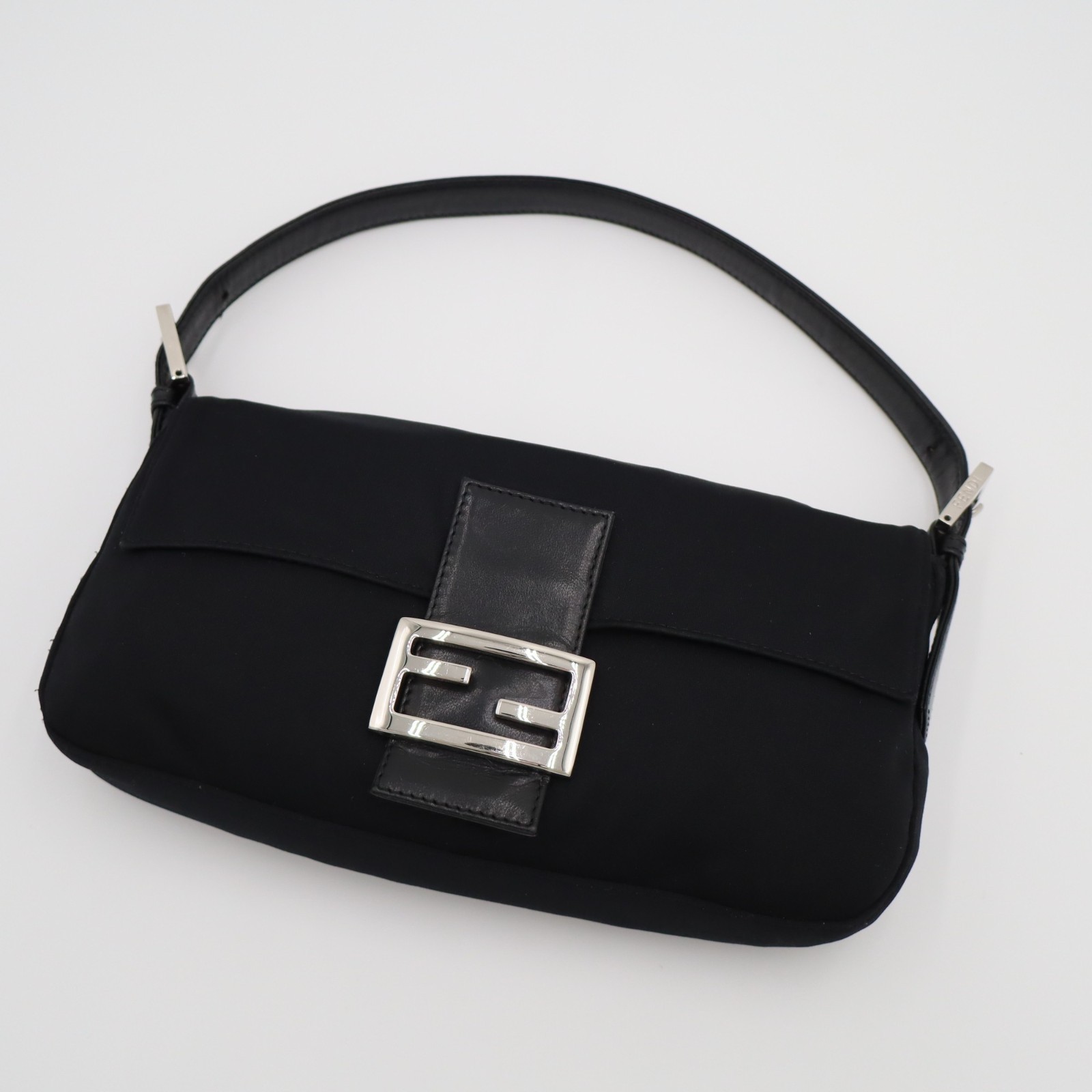 Fendi Baguette Bag Vintage Black Nylon Leather Silver Clasp Shoulder Bag