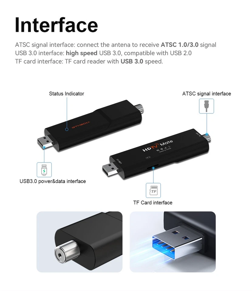 4K UHD ATSC 3.0 TV Tuner DVR PVR Digital Terrestrial TV Tuner Stick for Home Car - Image 3 of 4