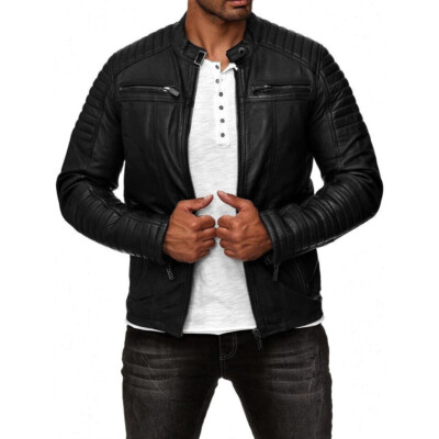 MEN'S BLACK LEATHER JACKET CAFE RACER MOTORCYCLE BIKER GENUINE SHEEP LEATHER