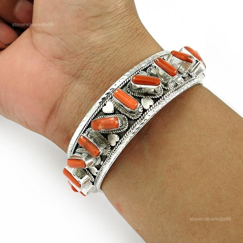 Mothers day Sale 925 Silver Root Chakra Coral Stone Handmade Wife Bangle Jewelry - Picture 5 of 6