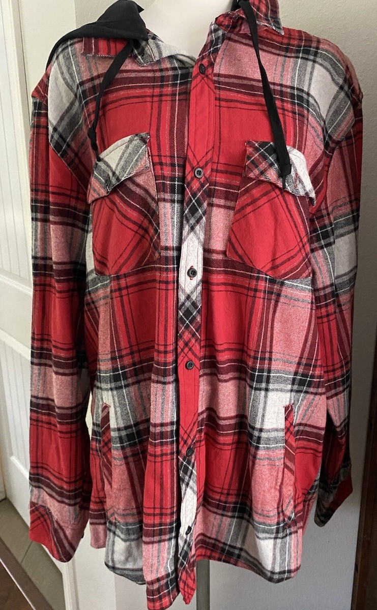 Empyre Red Plaid Hooded Flannel Button Down Jacket Men's XXL, 2XL