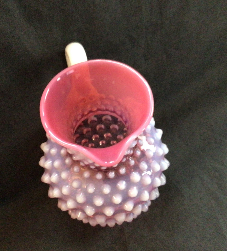 Rare Vintage Fenton Cranberry Hobnail Opalescent Hobnail Syrup Milk Glass Handle - Image 4 of 4
