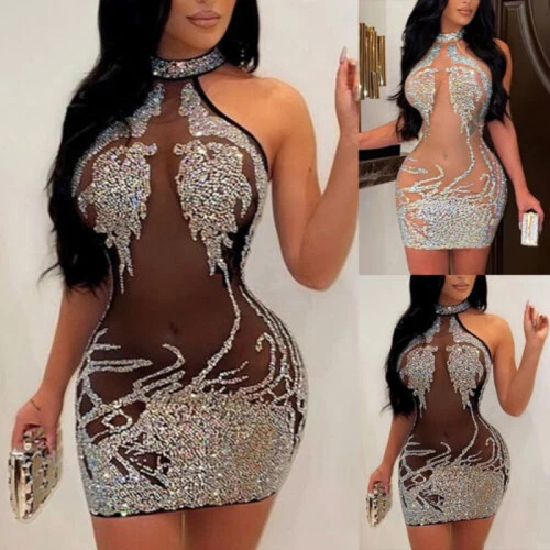 VALENTINO Mini Abito Donna Maglia Trasparente Slim Fit Halter Party Clubwear Night Club Nuovo