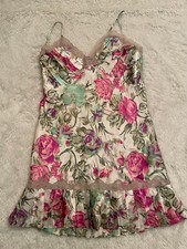 Vtg VICTORIA'S SECRET Glossy SILKY SATIN Nightgown Nighty Pleat Slip Floral