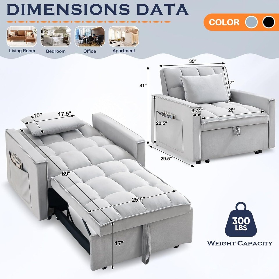 Convertible Sofa Bed 3-in-1 Arm Chair Folding Recliner Sleeper Chair ...