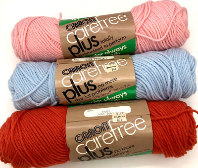 3 Skeins Caron Carefree Plus 4 Ply Yarn Lt Pink Baby Blue & Rust Crochet Knit