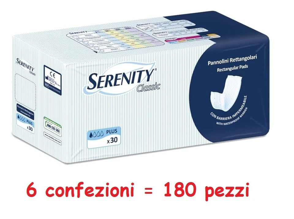 6 CONFEZIONI 30 PANNOLONI RETTANGOLARI CON BARRIERA PER INCONTINENZA SERENITY