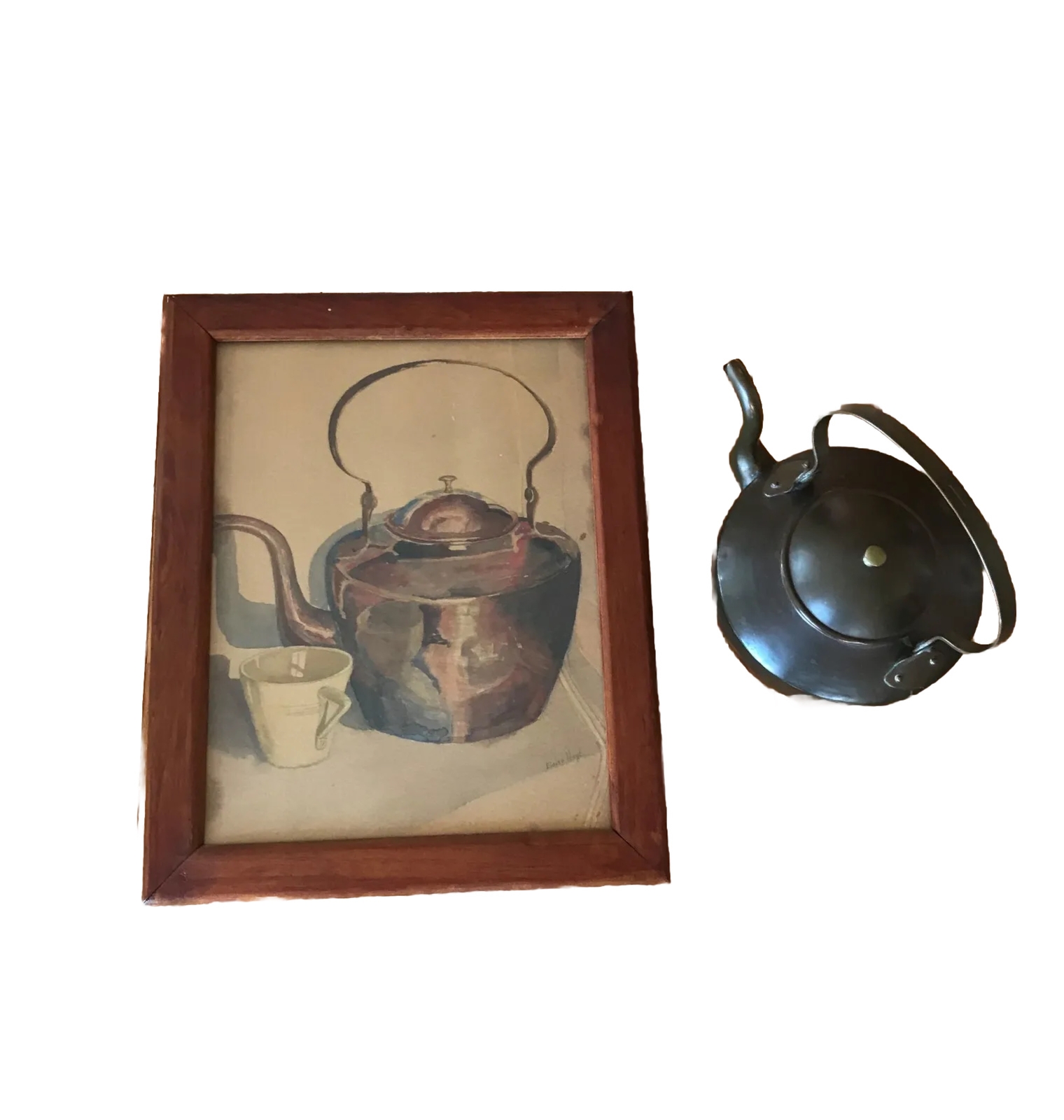 1800’s Antique Copper Kettle (I.Dunn) with Quaint Still Life Painting (1960’s)