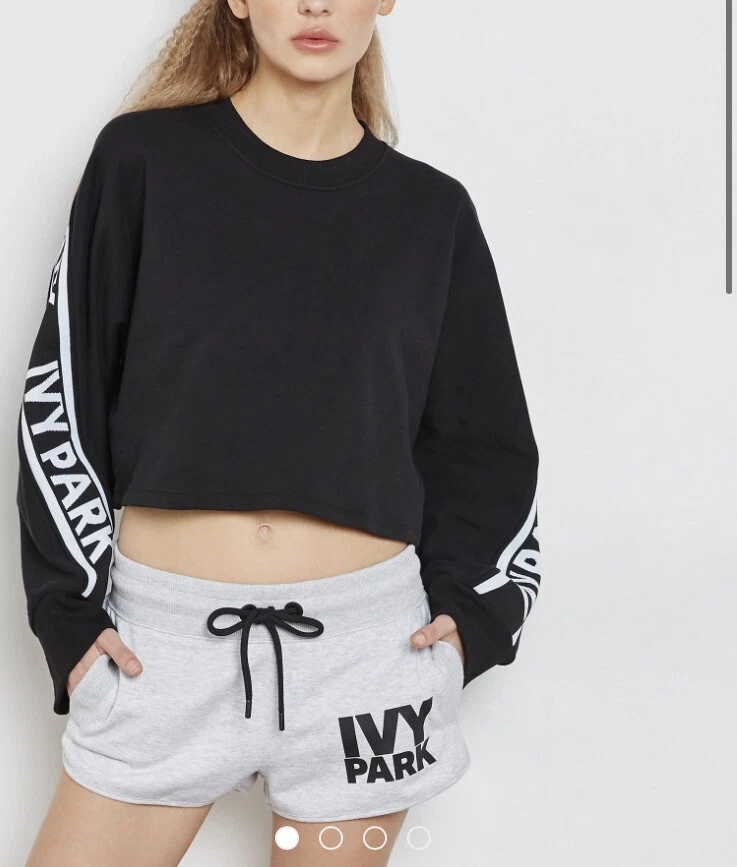 IVY PARK BLACK OVERSIZED JACQUARD LOGO CROP CREW SWEATSHIRT SIZE L