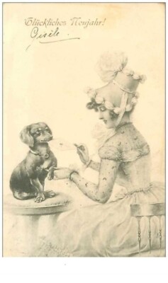 HUNDE.Nr. 28.DACKELS.DACKEL GIBT EINER ELEGANTEN FRAU EINEN UMSCHLAG