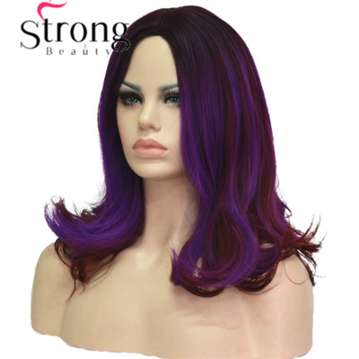 Medium Wavy Dark Purple Highlights Center Part No Bangs  Synthetic Party Wig