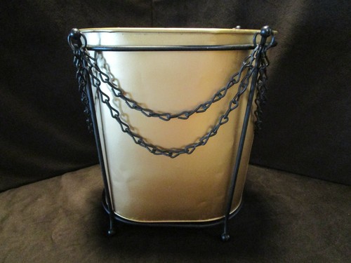 Vintage Metal Wastebasket Can w/ iron chain holder 2-pc. Brutalist 13" t 1960's - Picture 9 of 10