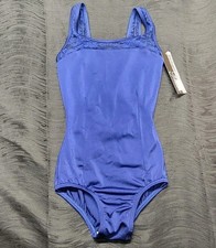 Body Wrappers Premiere Tank Leotard Navy Blue Floral Lace Neck Strap Back SZ XS