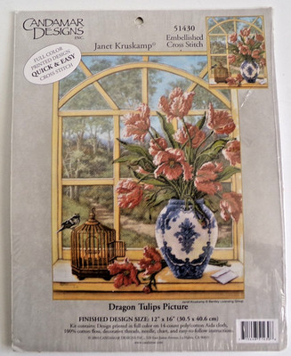 Vintage 2003 Candamar Designs Dragon Tulips Iris Cross Stitch Kit 12''x16'' NEW