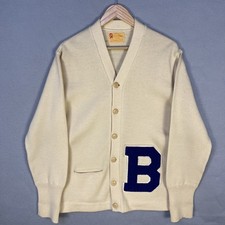 VTG 50s Wool Varsity Cardigan Sweater Mens L Cream Purple "B" Patch USA
