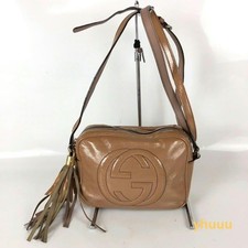 GUCCI Soho Disco Patent Leather Camera Shoulder Bag Beige Tassel Small Authentic