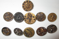 LOT 11 ANTIQUE VICTORIAN METAL PICTURE BUTTONS w CUT STEELS - BIRD FRUIT FLOWERS