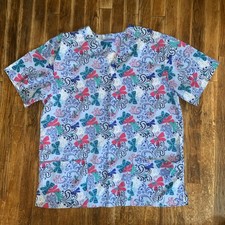 Women  s Carol  s Scrubs 2X Blue W/Butterflies Scrub Top. Pre Owned.