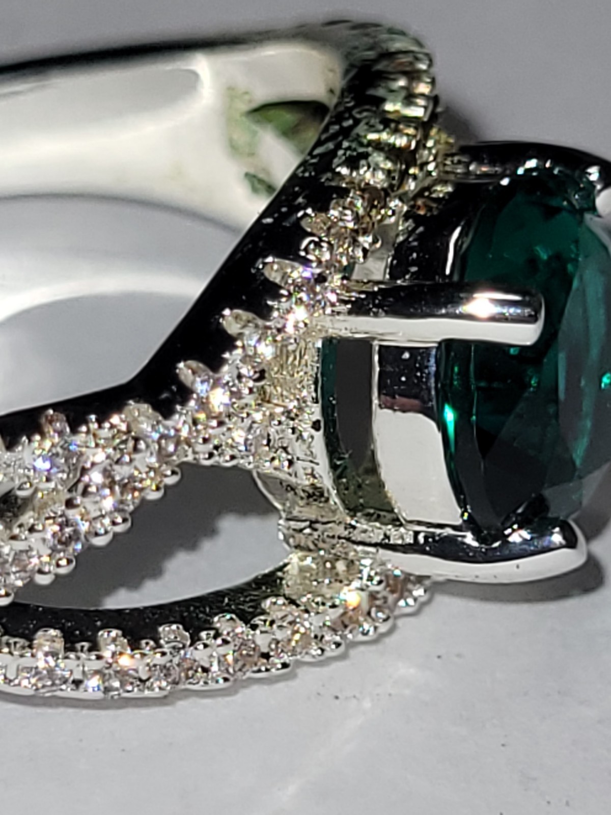 Silvertone Statement Ring Green Rhinestone Clear … - image 13