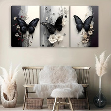 3 Pcs Black Butterfly Canvas Wall Art, White Flower Wall Decor, Butterfly Pic...