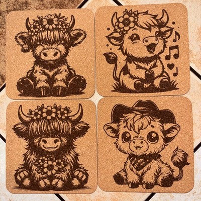 Highland Cows Cork Coasters. Laser engraved, 4   Square .