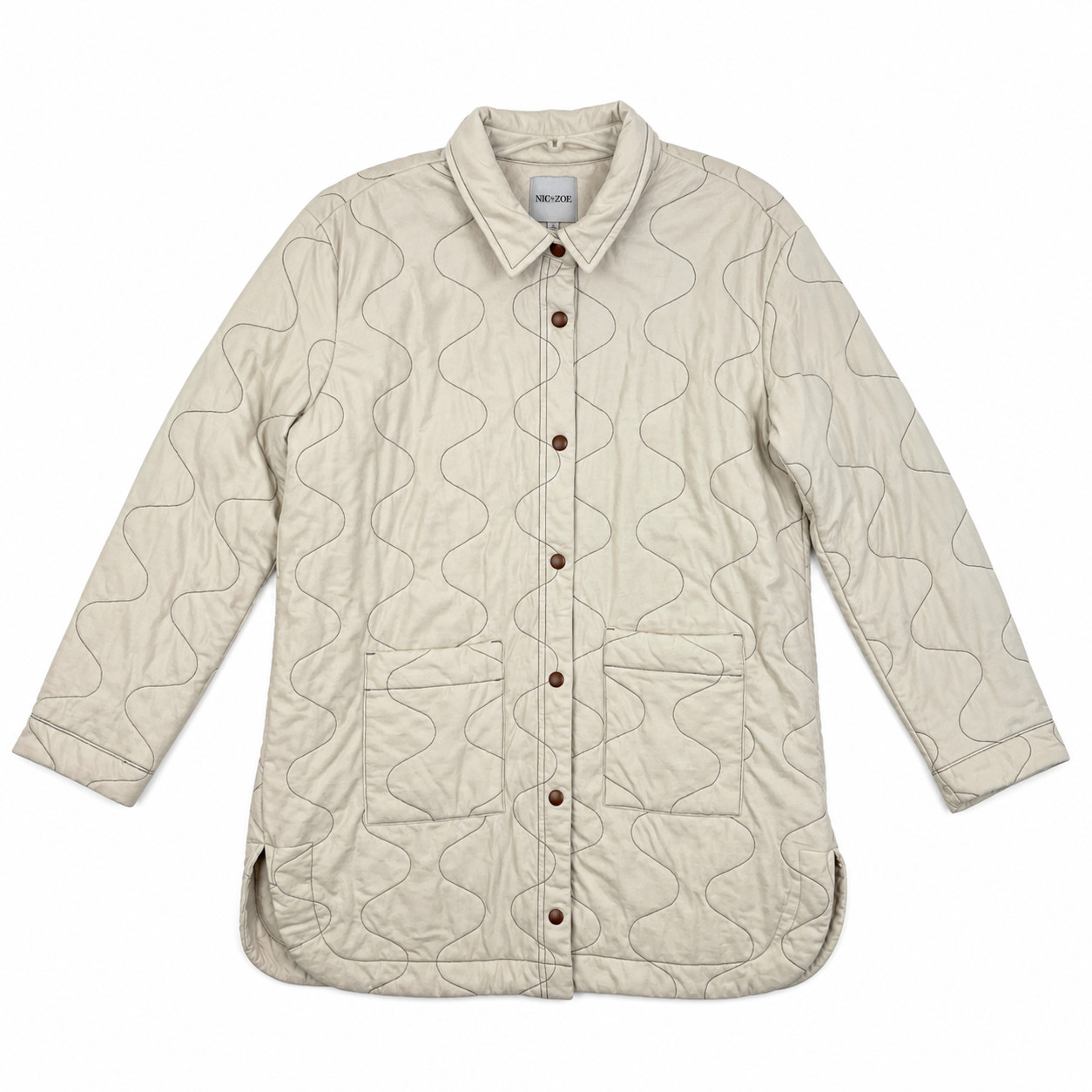 Nic Zoe Quilted Mid Length Jacket Womens Sz Small Ivory Sand Shell Pockets