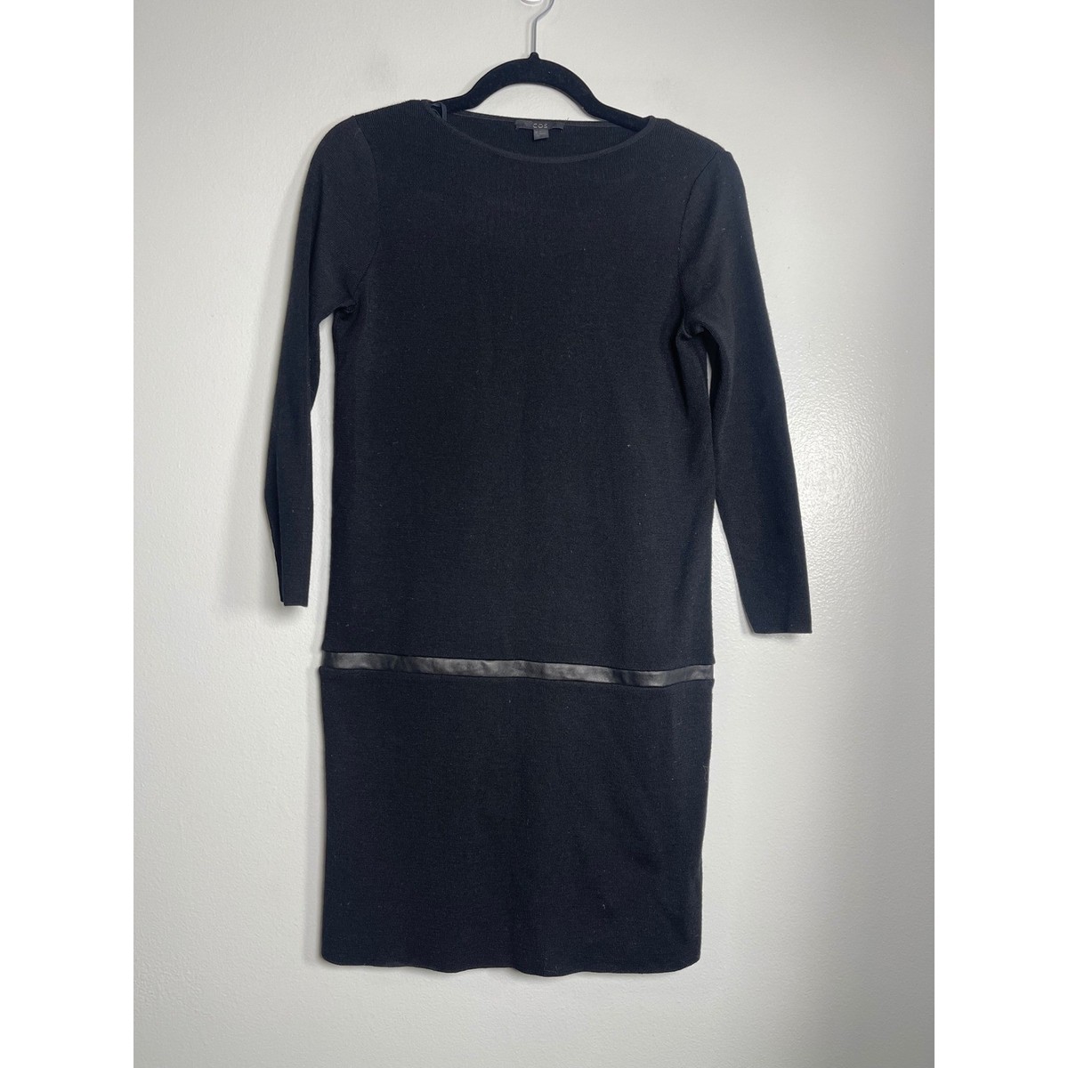 cos long wool knitted dress COS Wool Long Sleeve Shift Dress Black XS Leather Trim Detail Quiet Luxury  Knit