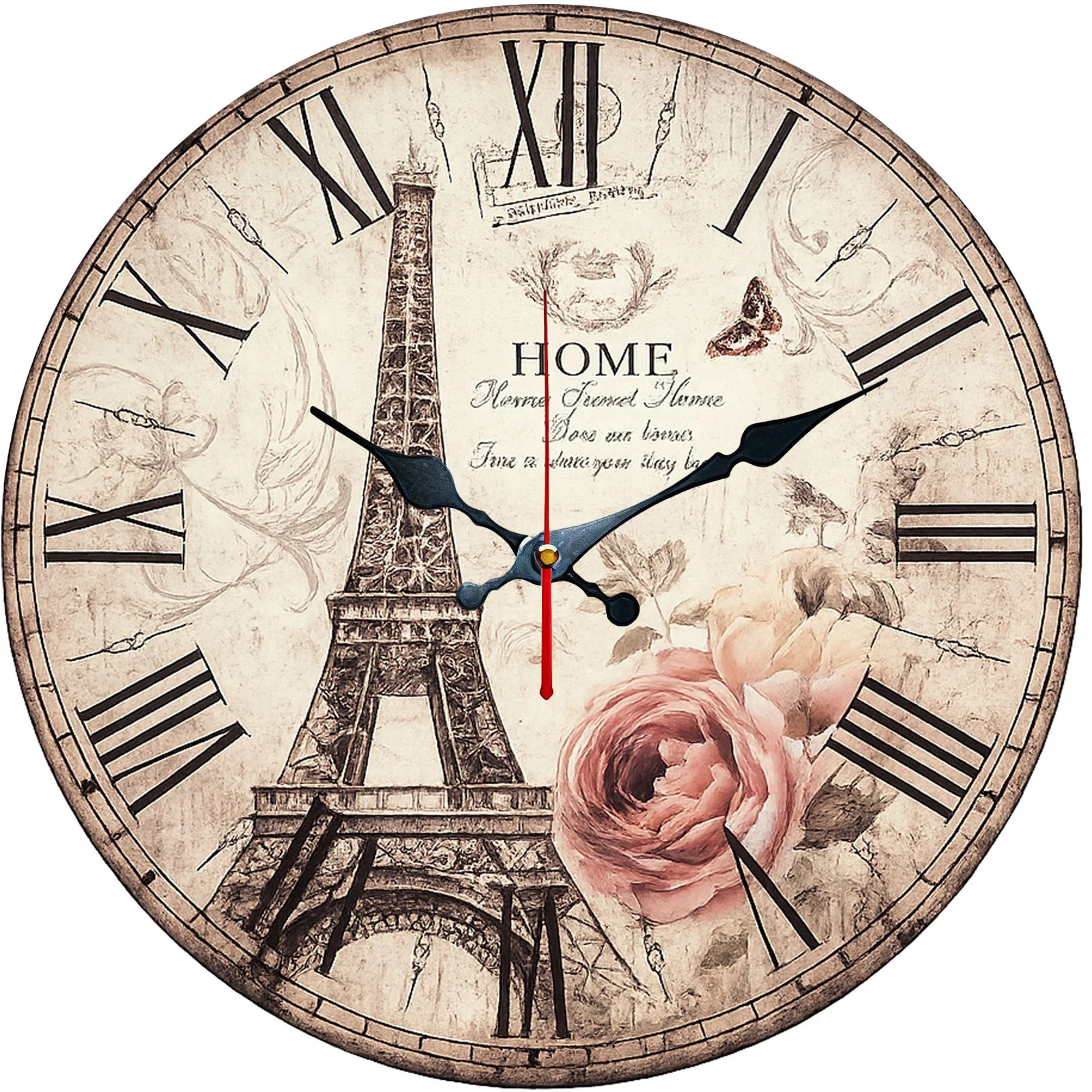 Eiffel Tower Floral Print Wall Clock Silent No Battery Included Home Decor