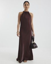 River Island Womens Maxi Dress Petite Brown Satin Halter Neck Tie Sleeveless