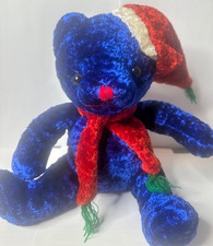 Christmas Plush Blue Soft Bear with Carf and Hat 10" Stocking Stuffer