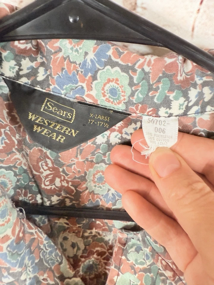 Camisa de Colección Sears Western Wear Para Hombre Perla A Presión Años 70 Floral XL Foto 3 de 4