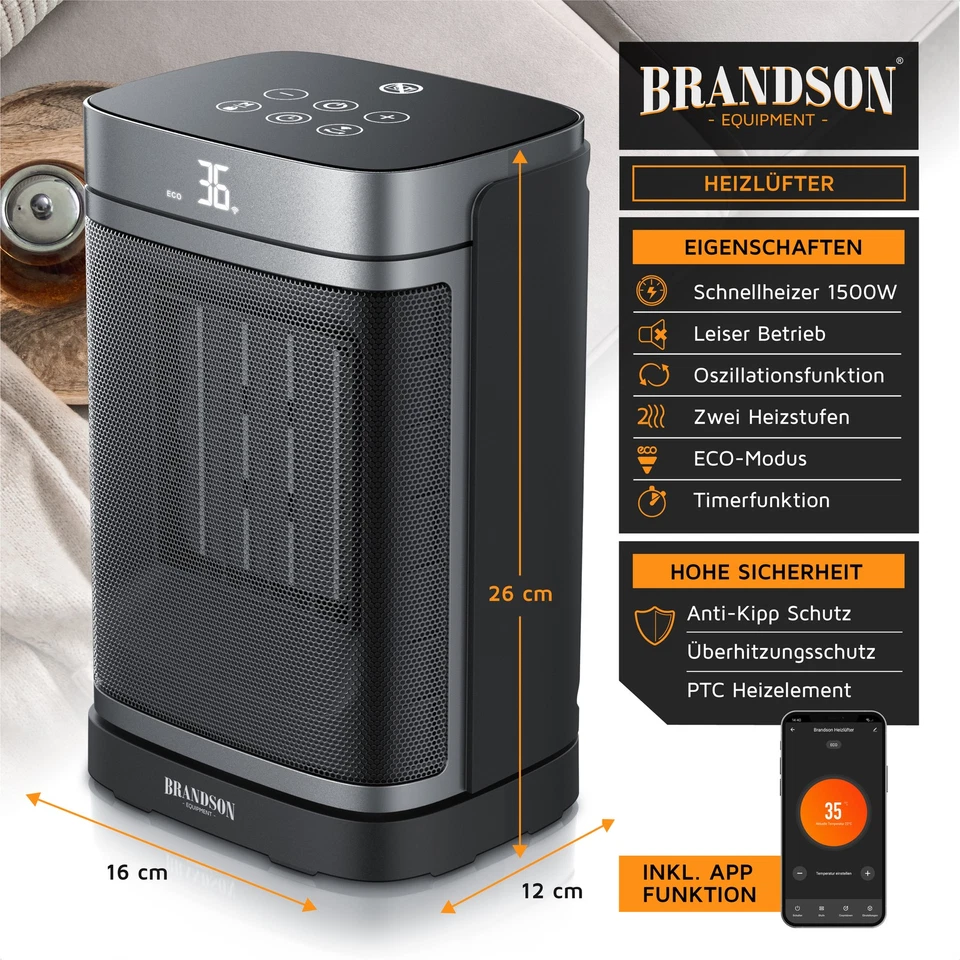 Brandson Keramik-Heizlüfter 1500W WiFi APP Timer Fernbedienung Schwarz - Bild 2 von 4