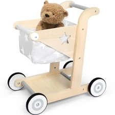 2 in 1 Wooden Baby Walker Push and Pull Doll Stroller, Shopping Cart Learning...