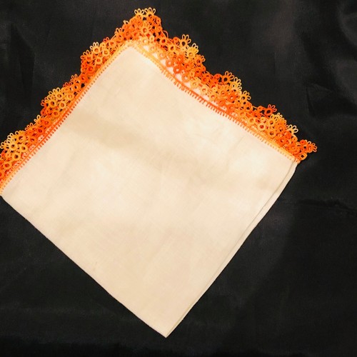 Fazzoletto lino irlandese bianco fatto a mano arancione pizzo tattato nuovo vecchio stock 10,5" - Foto 6 di 20
