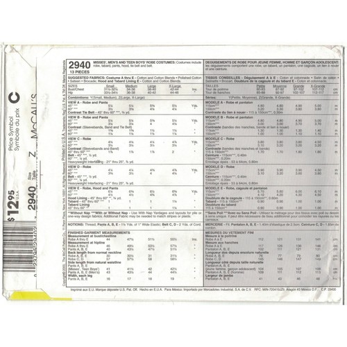 McCall's 2940 Kimono, Ninja, Karate Disfraz Patrón Unisex Adulto Talla Grande XL - Imagen 2 de 4