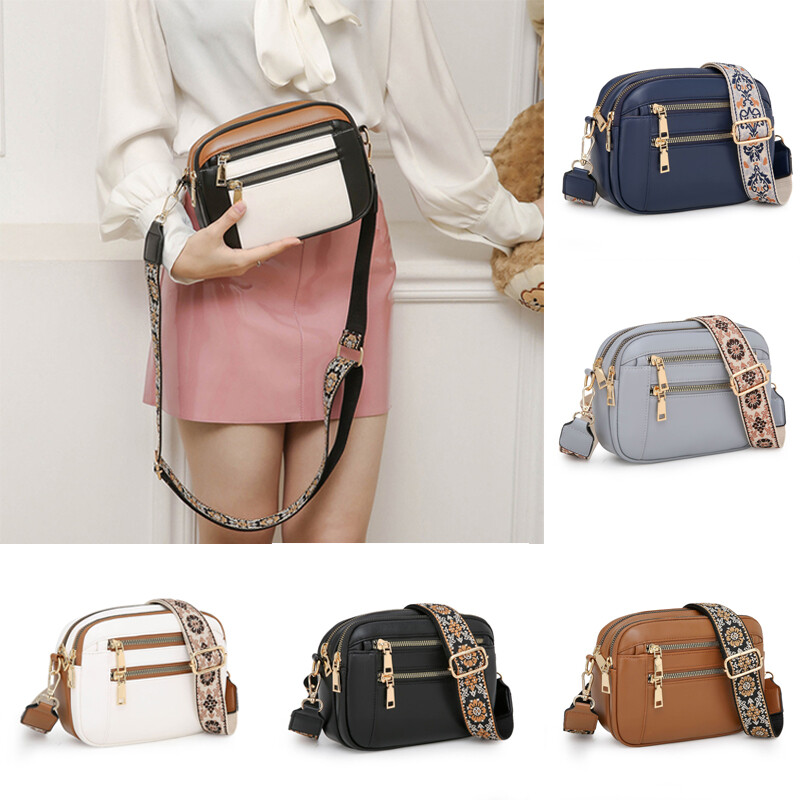Women Leather Wide Strap Handbag Ladies Shoulder Bag Cross Body